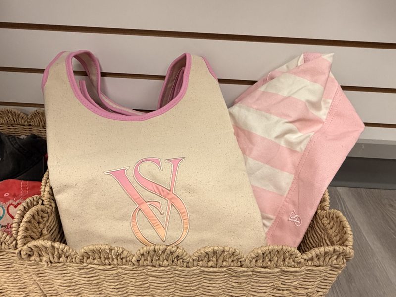 A blush-trimmed canvas tote tucked into a wicker basket